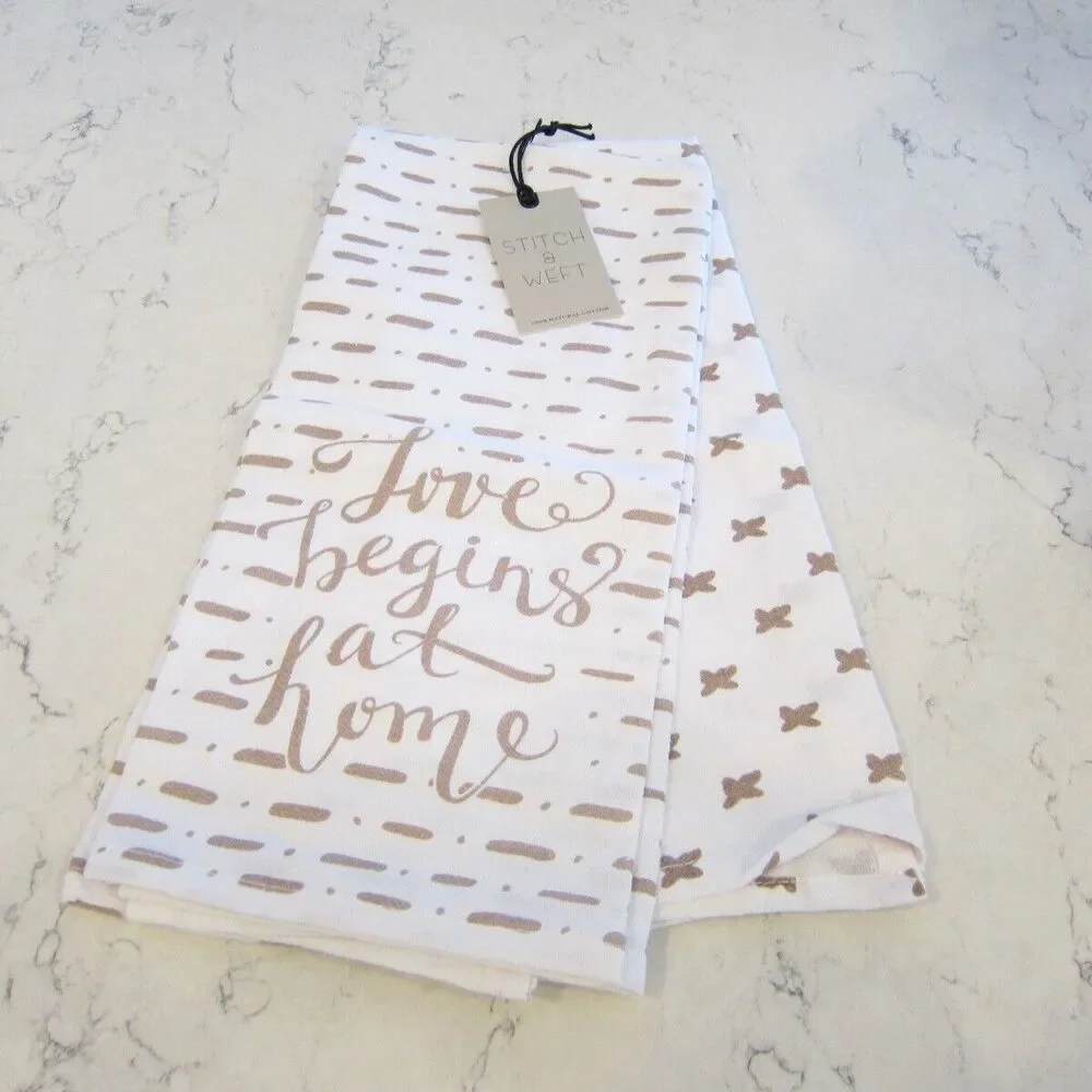 Stitch & Weft Kitchen Tea Towel Set Of 2 Love begins at home White & Brown
